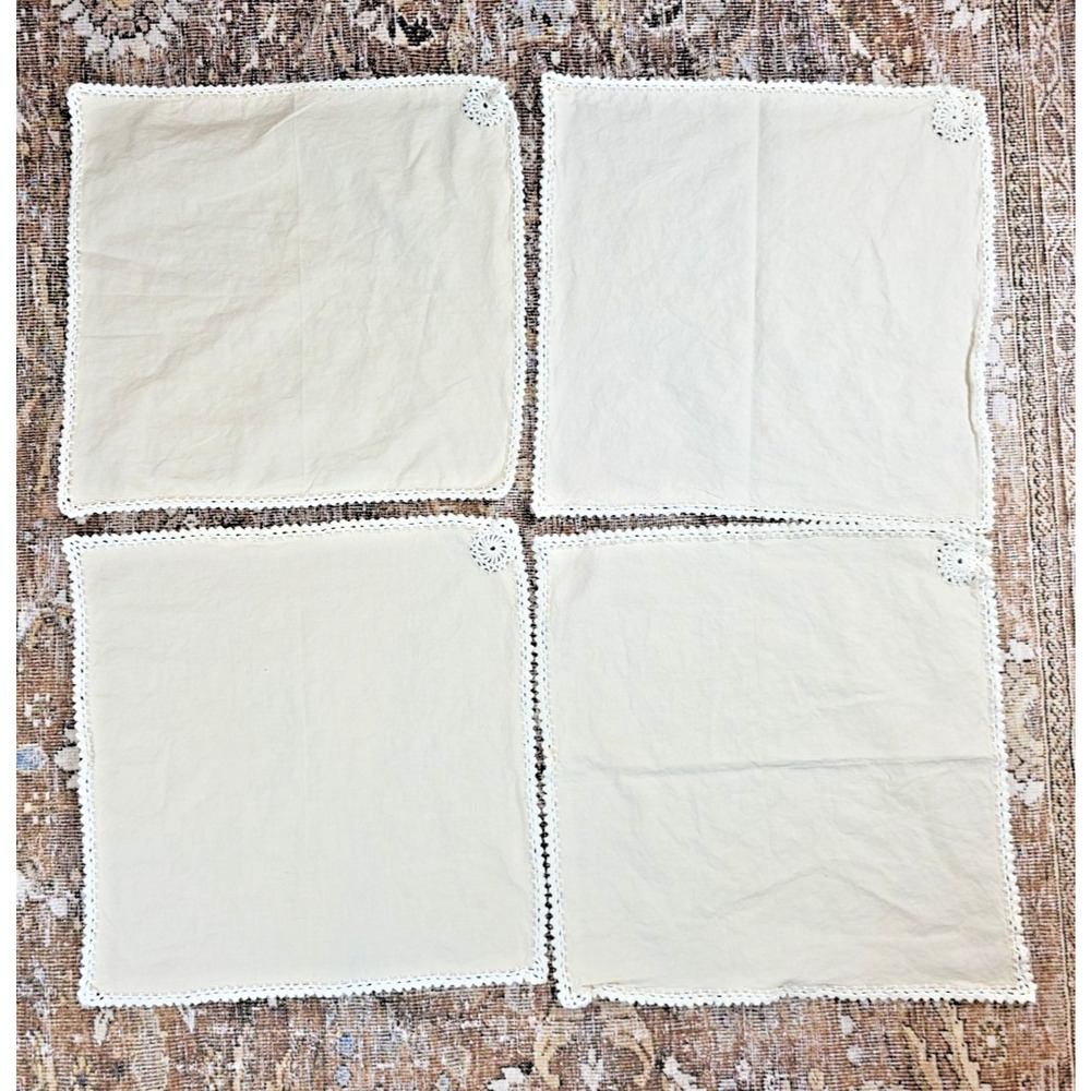 Set 10 VTG Ivory Cloth Napkins Crochet Embroidery 16x16 Cottagecore Farmhouse